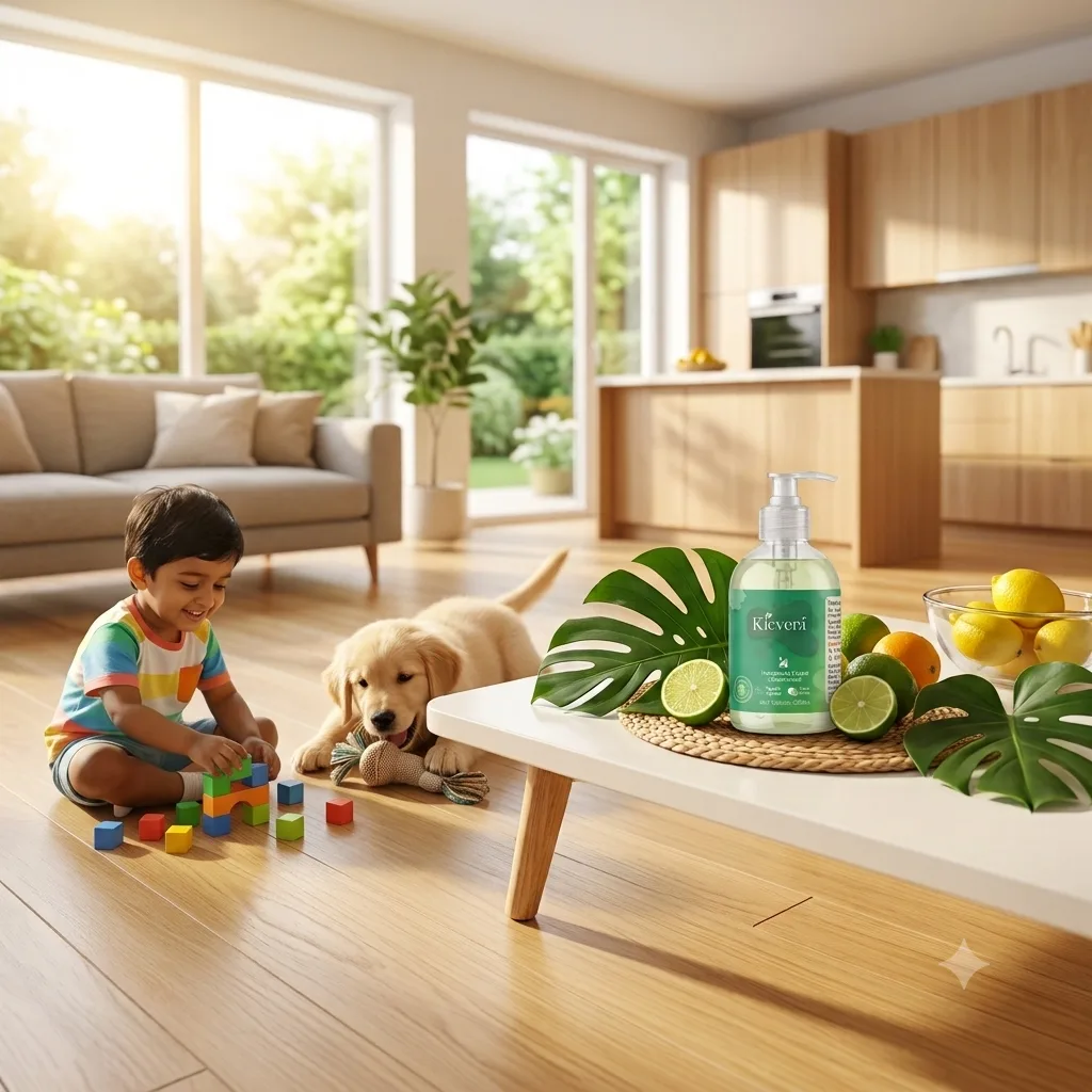 Klevera eco-safe plant-based floor cleaner bottle next to a pet and crawling child on a clean sunlit living room floor.